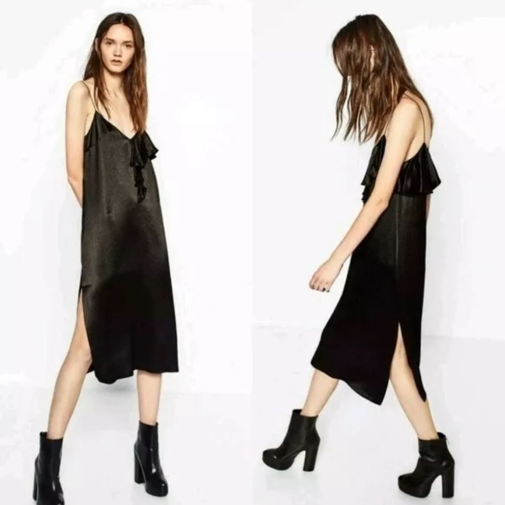 NWOT Zara Black Satin Slip Dress Asymmetrical Ruffle Sz M